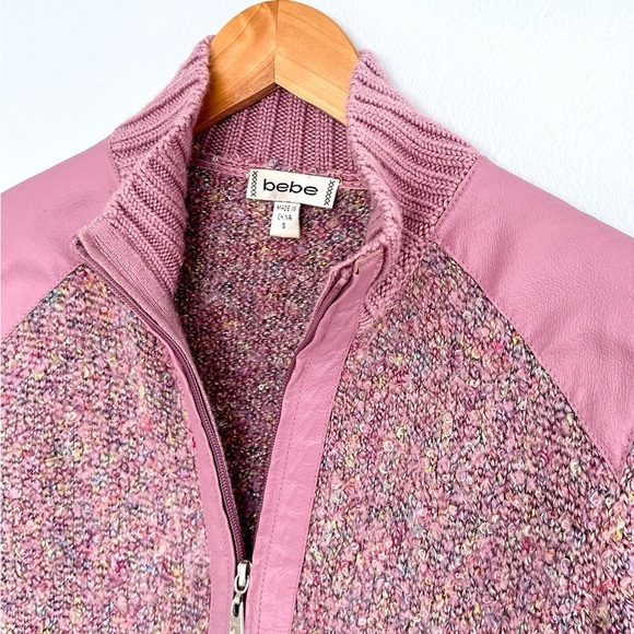 Vintage Y2K Bebe Pink Knit and Leather Zip Front Jacket - Picture 2 of 10